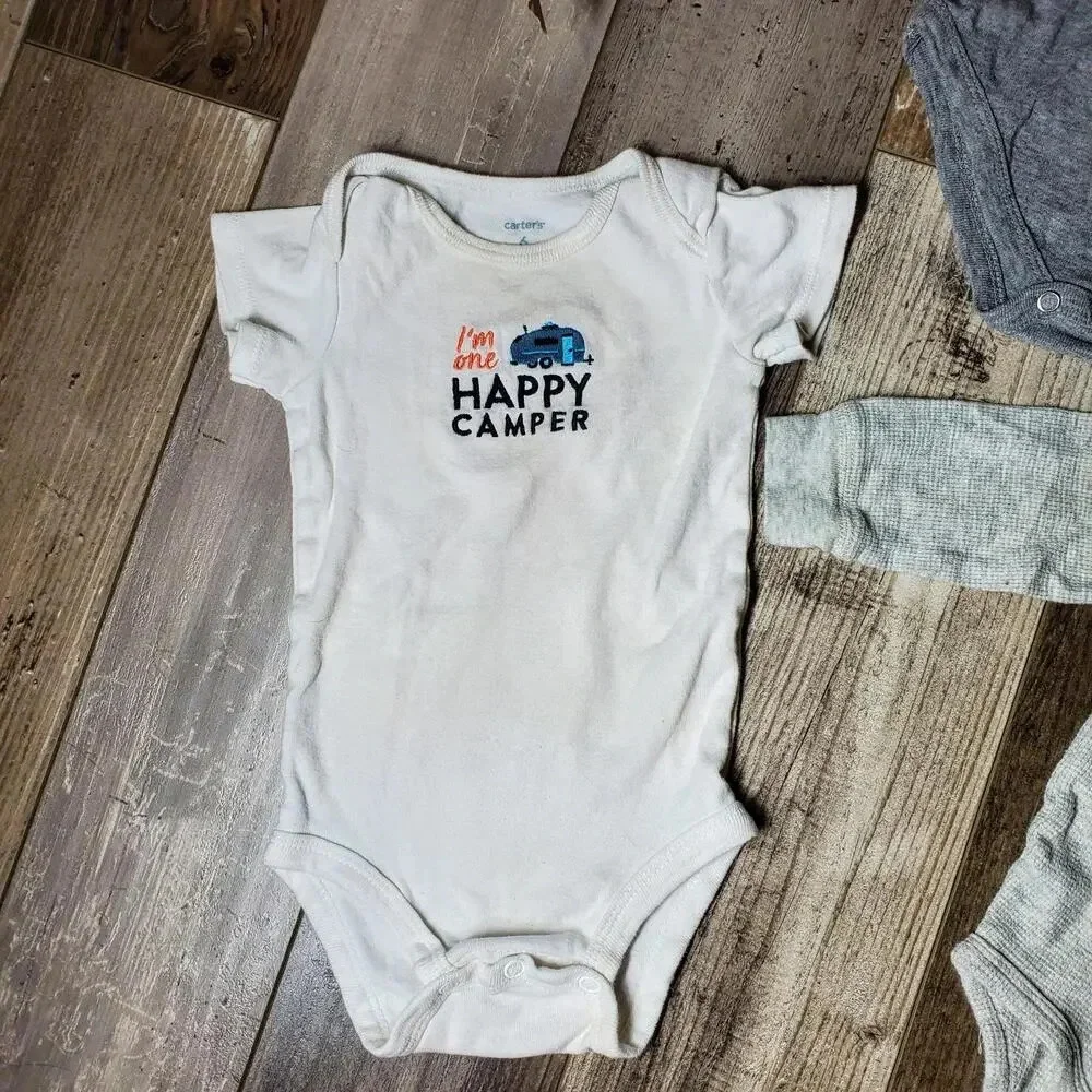 Baby Boy Casual Top Bundle - 3 Bodysuits - Gray White - Happy Camper & Grateful